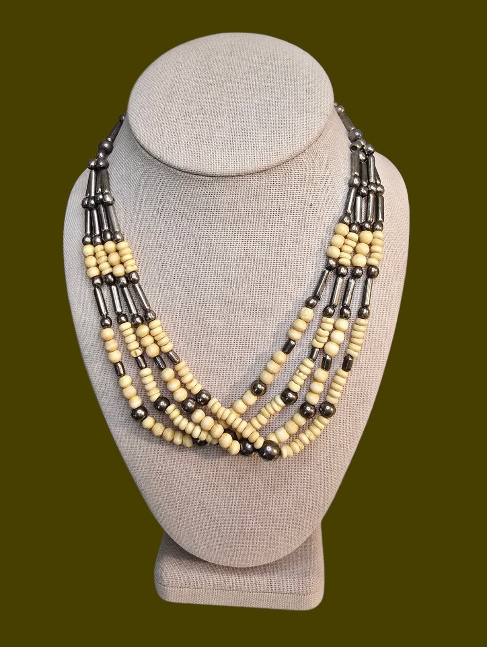 Multi-Strand Bone And Silver Beaded Necklace